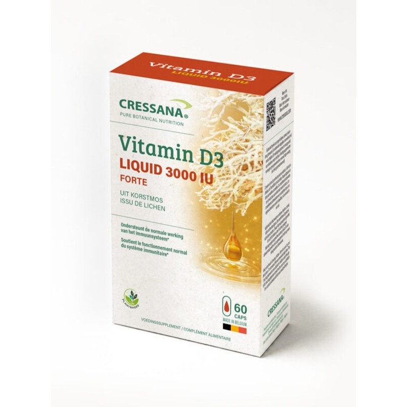 Cressana Vitamine D3 Liquid 3000 IU Forte – 75 µg Vegan Vitamine D3 met MCT-olie – 60 Capsules